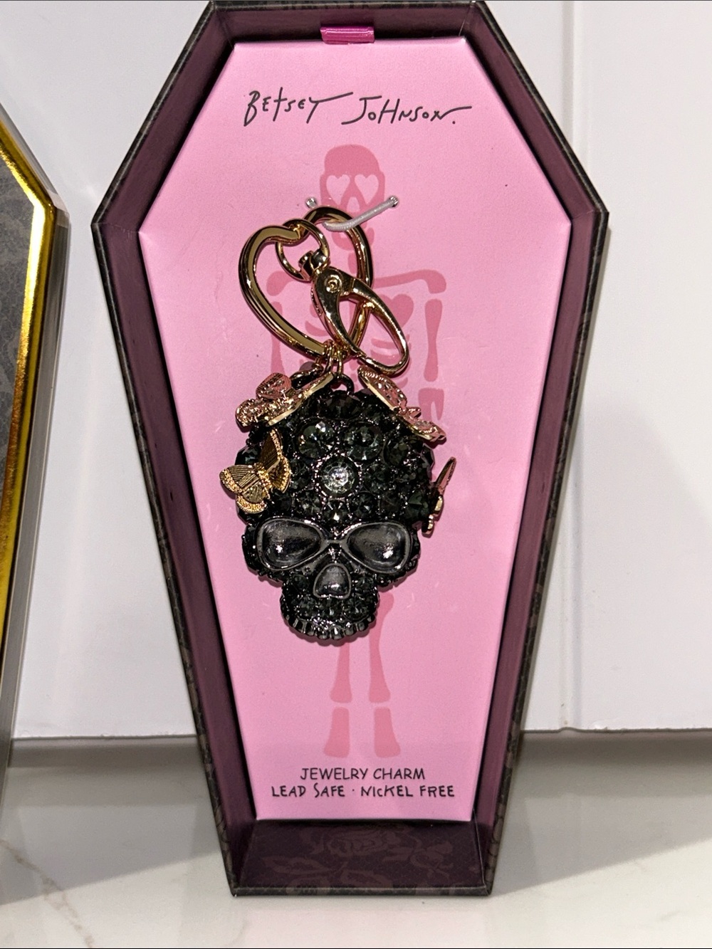 Betsey Johnson black crystal skull& butterfly bag charm keychain NIB/NWT - Picture 6 of 13